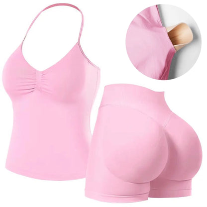 Workout Sets for Women 2 Pieces, Strappy Top Women'S Halter Workout Tank Tops+Scrunch Butt Lifting Booty Gym Yoga Biker Shorts