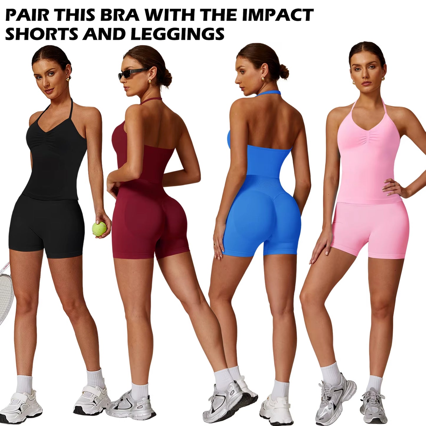 Workout Sets for Women 2 Pieces, Strappy Top Women'S Halter Workout Tank Tops+Scrunch Butt Lifting Booty Gym Yoga Biker Shorts