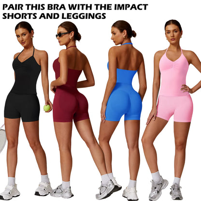 Workout Sets for Women 2 Pieces, Strappy Top Women'S Halter Workout Tank Tops+Scrunch Butt Lifting Booty Gym Yoga Biker Shorts